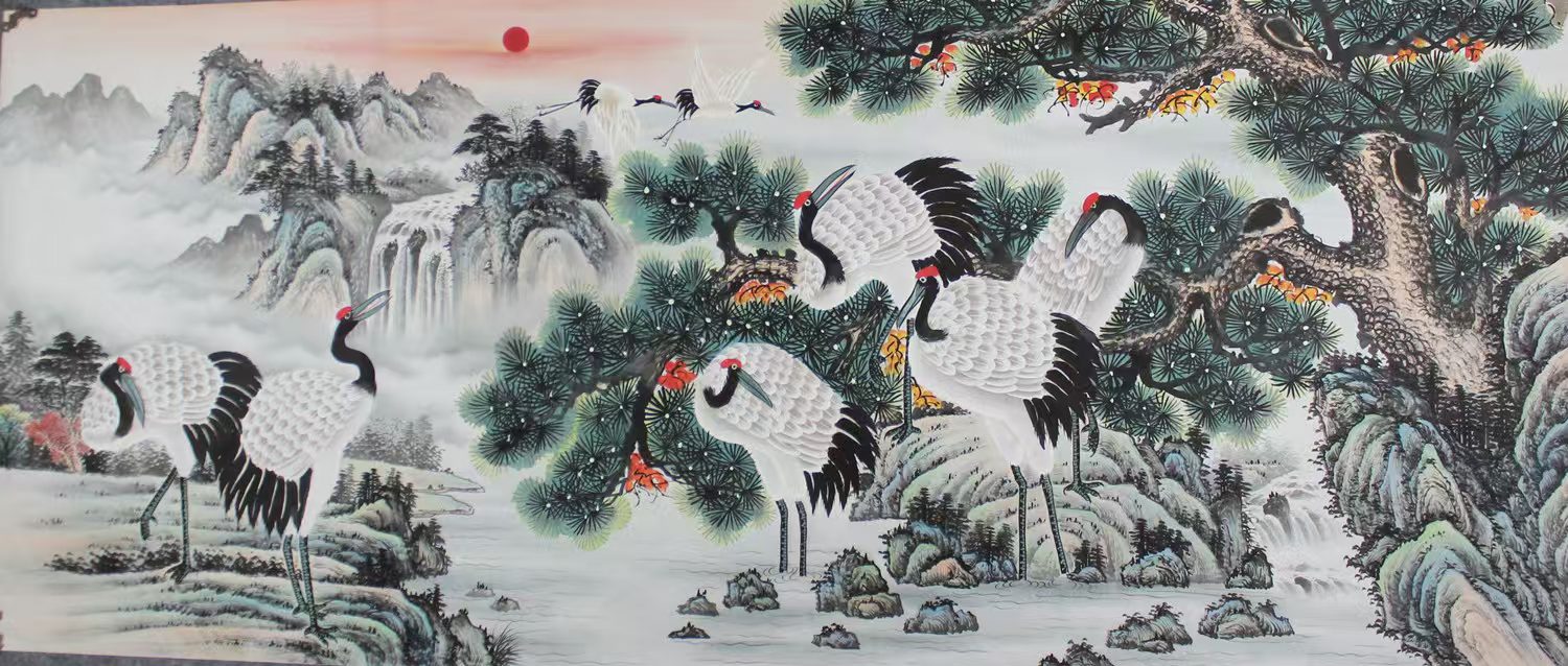 Traditionelle chinesische Malerei "Kiefer und Kraniche - Kraniche singen in den Wolken