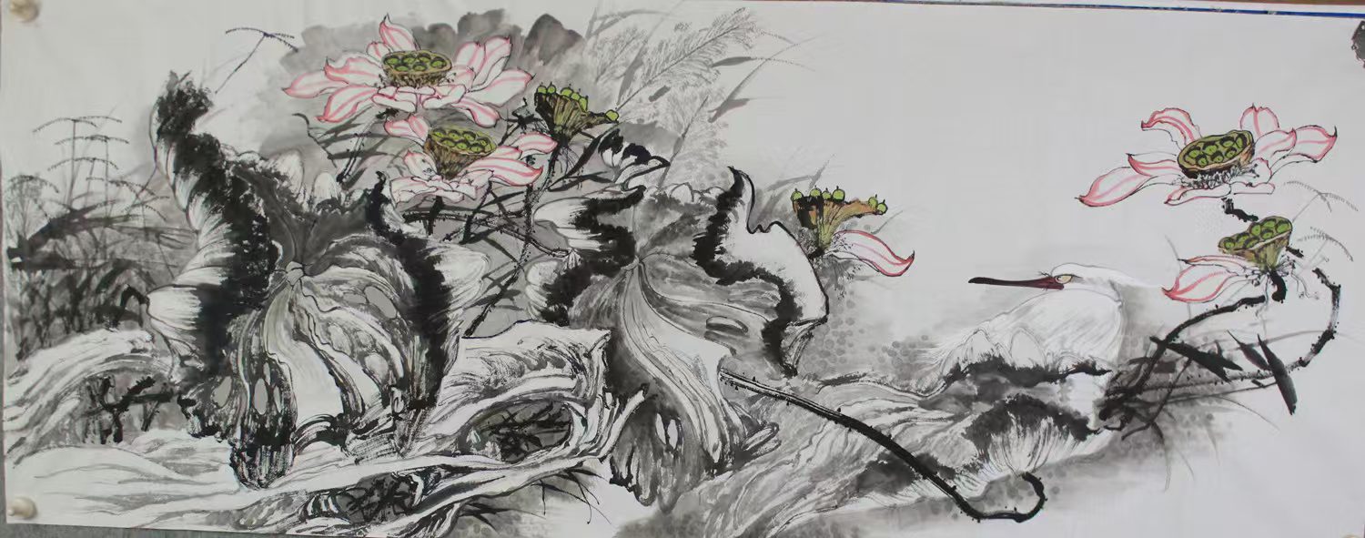 Chinese Ink Painting "Lotus Rhythm and Heron Shadows-Clever and Interesting