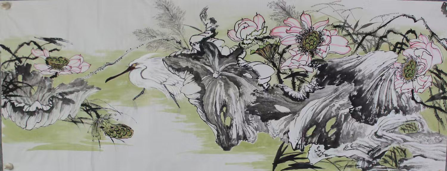 Ink Painting of Lotus Flower "Lotus Rhyme and Breeze-Ink Dyeing Fanghua