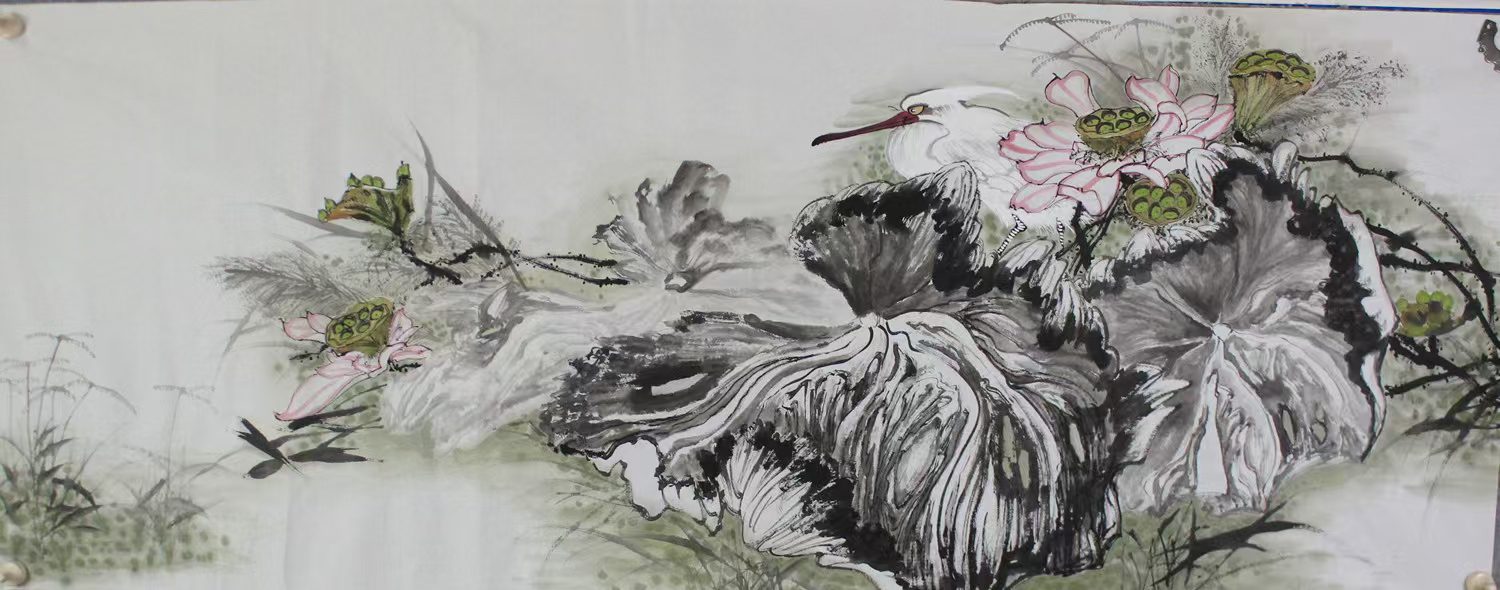 Ink Painting of Lotus Flower "Lotus Pond - Frogs Singing Summer Fun