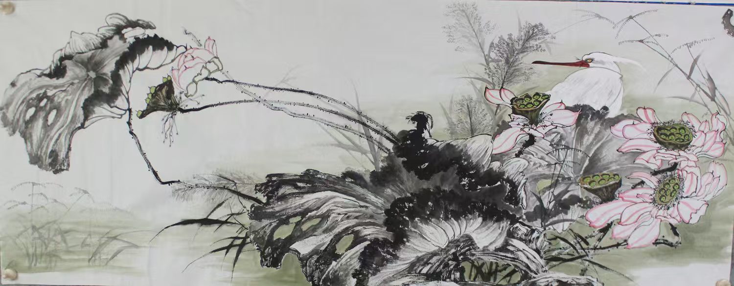 Ink and wash painting of lotus "Heron's Shadow in Lotus Pond-Ink Charm and Purity".