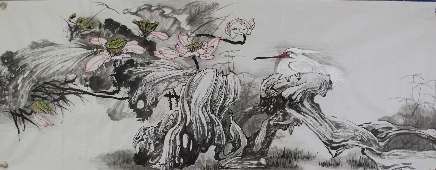 水墨荷花图《荷塘鹭影·墨韵天成》​