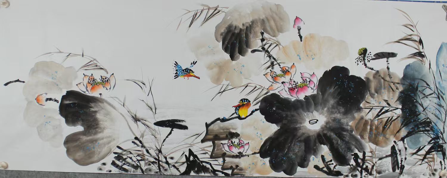 Peinture à l'encre et à la couleur de fleurs et d'oiseaux "Lotus Pond Qingqi - Rythme et parfum de l'encre