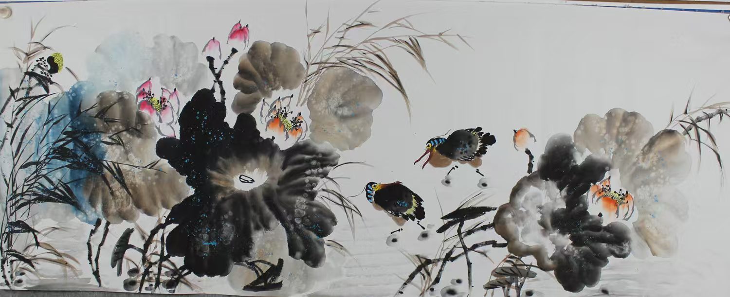 Peinture à l'encre et oiseaux "L'ombre du héron dans l'étang aux lotus - Teinture à l'encre et intérêts frais