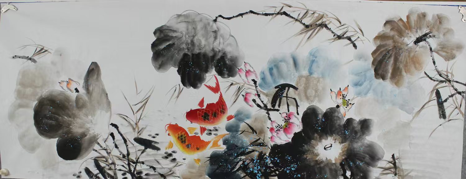 水墨彩墨花鸟画《荷塘鱼趣·墨韵清欢》​