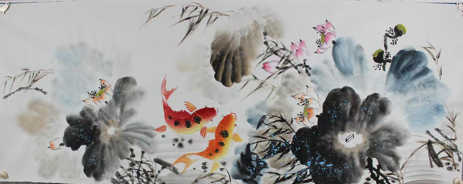 水墨彩墨画《荷塘锦鲤·墨韵祥瑞》