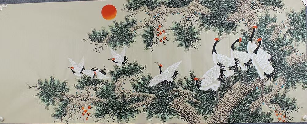 中国传统吉祥山水画《松鹤延年·旭日祥瑞》​​