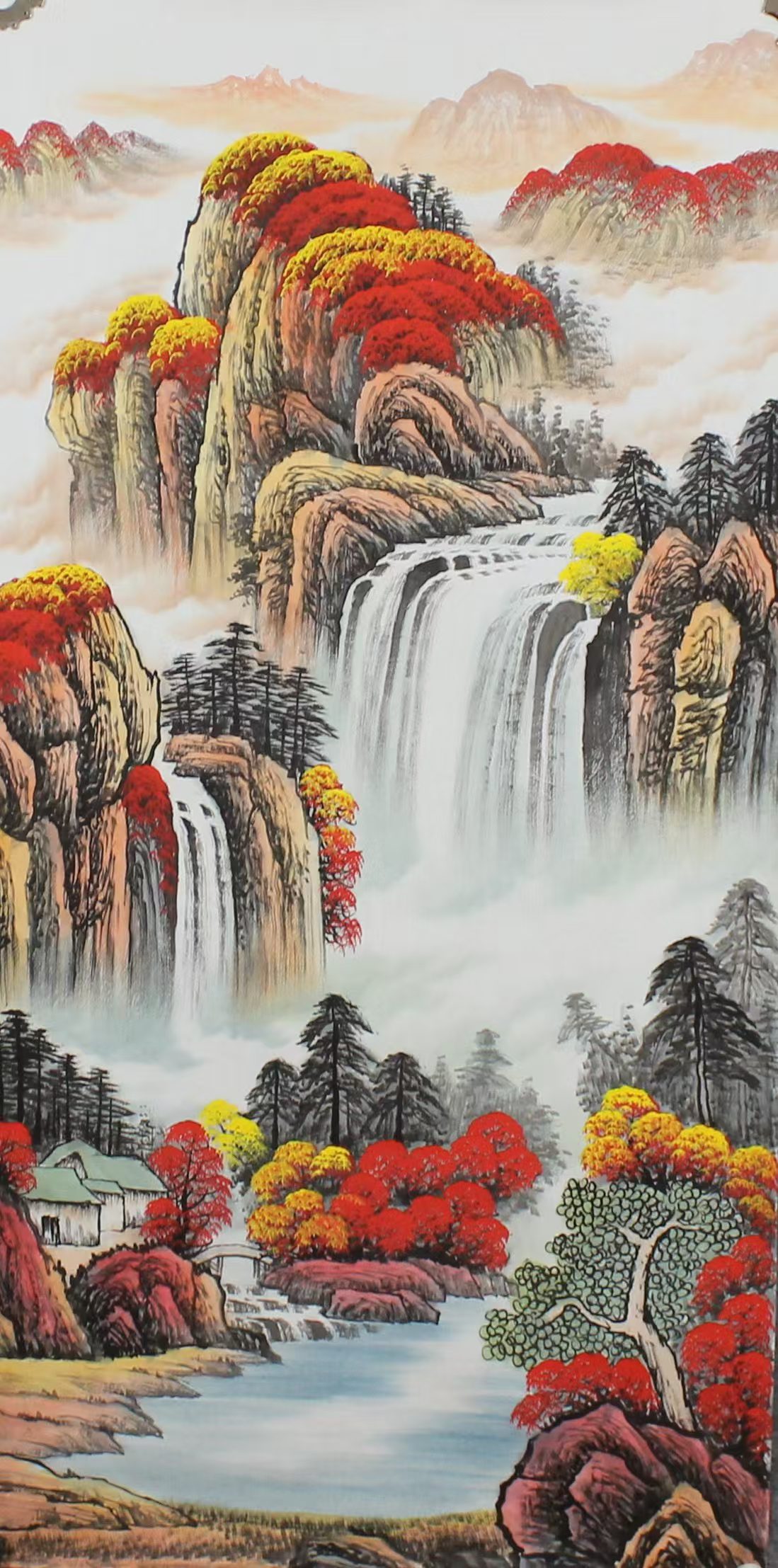 青绿山水画《秋山飞瀑·丹霞流韵》​