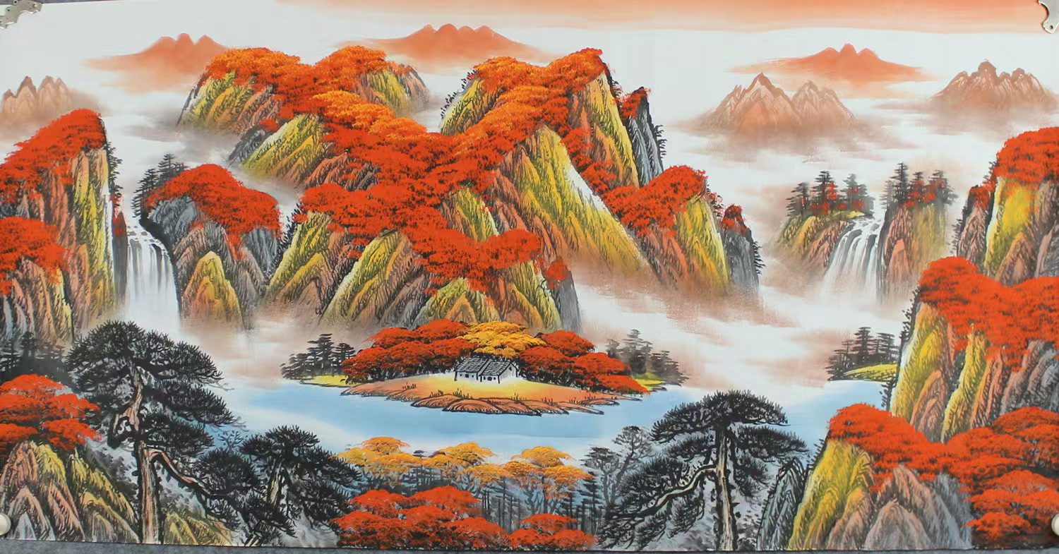 Heavy Color Landscape Painting "Red Rhythm of Autumn Mountains-Golden Waterfall Reflecting the Sunshine