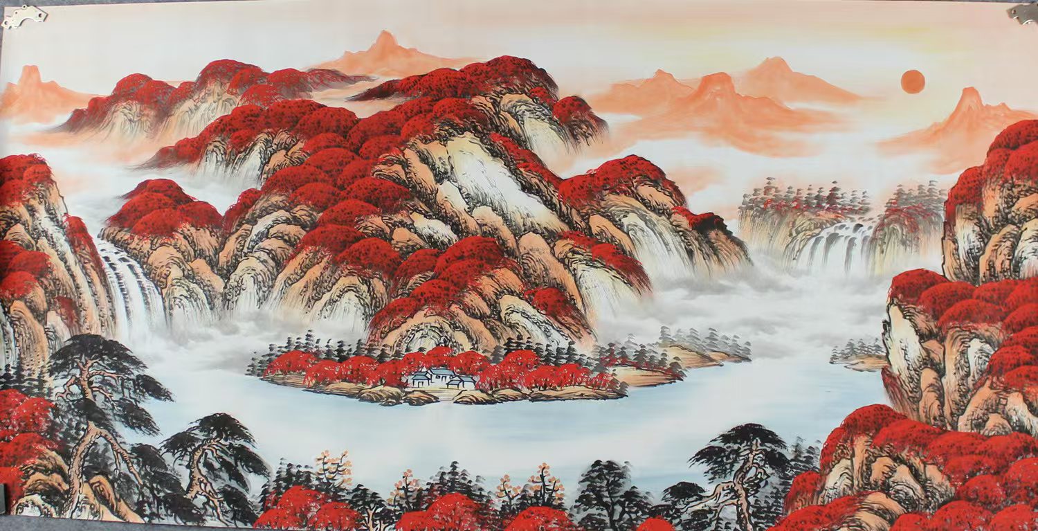 Heavy Color Landscape Painting "Morning Sun of Red Mountain - Red Xia Flowing Rhyme
